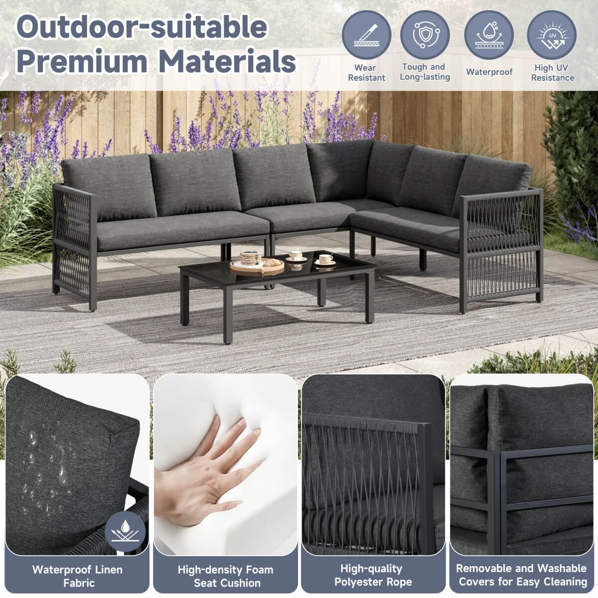 5-6 Seater Garden Corner Sofa Set - Outdoor Patio Furniture with Tempered Glass Coffee Table
