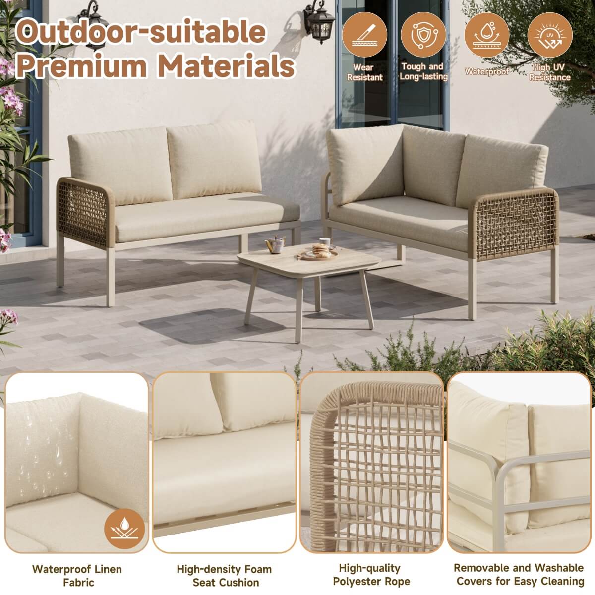 4 Seater Garden Sofa Set - Outdoor Patio Furniture with Wood Effect Glass Table