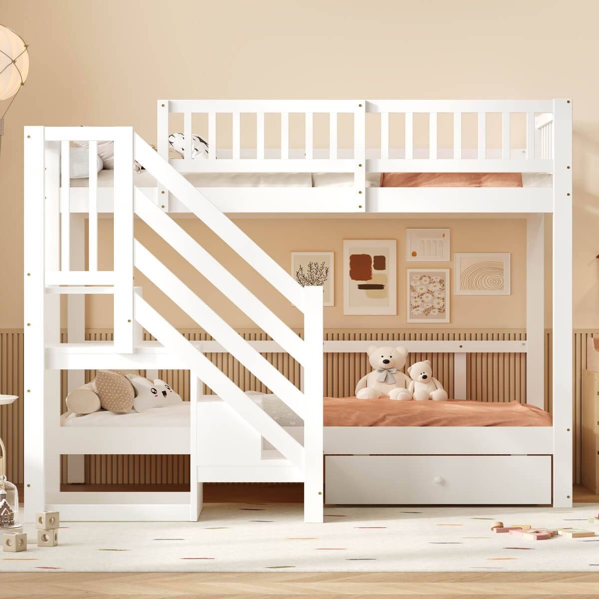 3ft Single over Single Wooden Bunk Bed - Storage Staircase with Open Compartments, Drawer Storage and Full-Length Safety Guard Rails, White