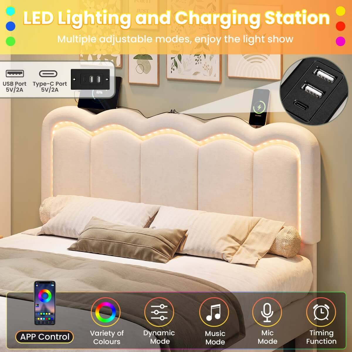 4ft6 Double Velvet Bed Frame with LED Wavy Headboard - Upholstered Bed with Storage Drawers, Charging Station, Beige