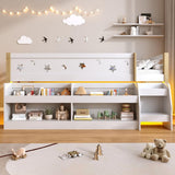 3ft Single Wooden Mid Sleeper Bed with LED Lights - Kids Bed Frame with Storage Stairs, Shelf, Under-Bed Space, Safety Guard Rails and Moon and Star Design, Natural Wood and White