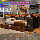 3ft Single Metal Bed Frame with Storage Drawers - LED Bed with Bedside Shelves, Charging Station, Built-In Desk and Fabric Storage Bin, Black and Dark Walnut