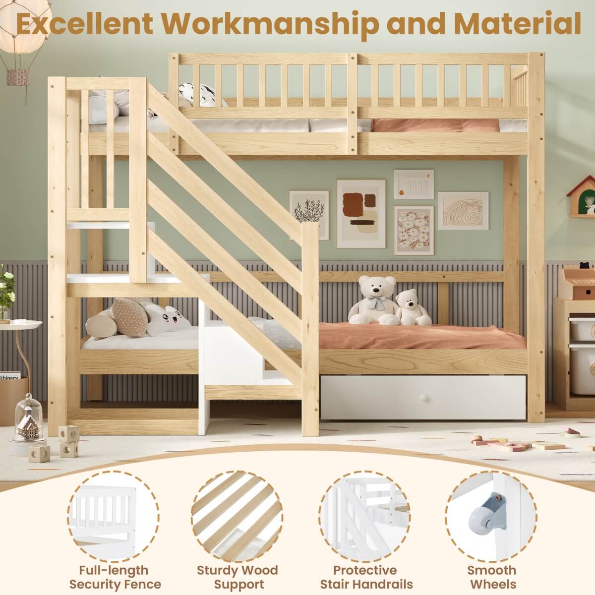 3ft Single over Single Wooden Bunk Bed - Storage Staircase with Open Compartments, Drawer Storage and Full-Length Safety Guard Rails, Natural Wood and White