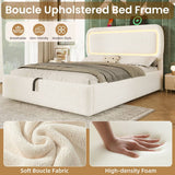 4ft6 Double Boucle Ottoman Bed Frame with Hydraulic Storage - RGB LED Lights, USB-C Charging Ports, Beige