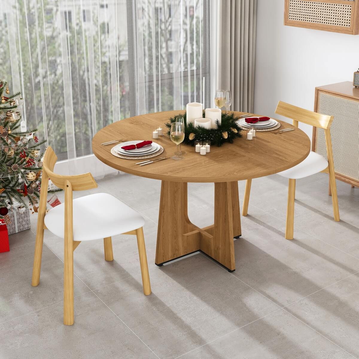 Round Dining Table for 4 - 47 Inch Farmhouse Kitchen Table with Wood Grain Finish, Circular Dining Table for Dining Room & Kitchen, Oak