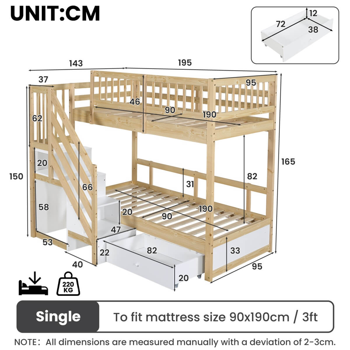 3ft Single over Single Wooden Bunk Bed - Storage Staircase with Open Compartments, Drawer Storage and Full-Length Safety Guard Rails, Natural Wood and White
