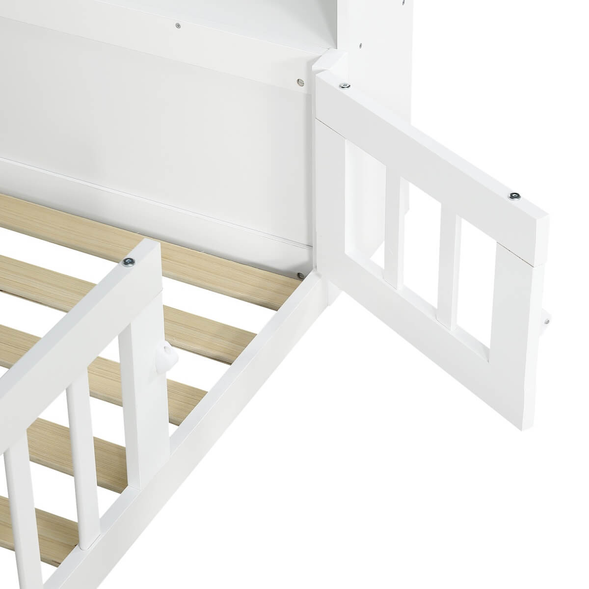 3ft Single Floor Bed Frame with Bookcase & Storage Shelves - Full Floor Bed with Guardrails, Door & USB/Type-C Ports, White