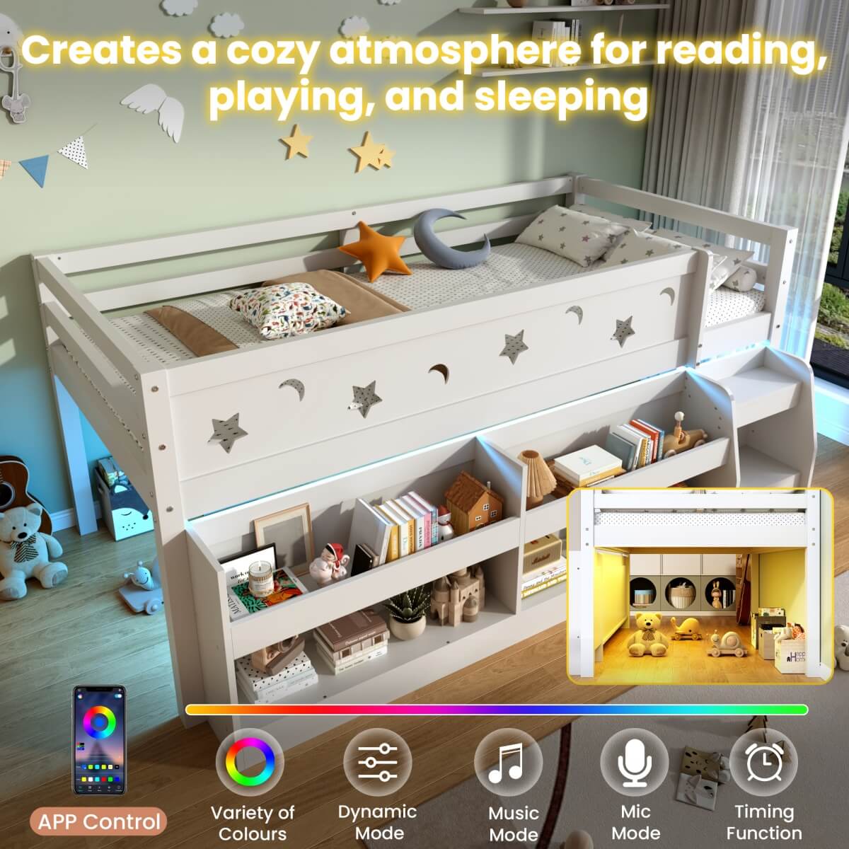 3ft Single Wooden Mid Sleeper Bed with LED Lights - Kids Bed Frame with Storage Stairs, Shelf, Under-Bed Space, Safety Guard Rails and Moon and Star Design, White
