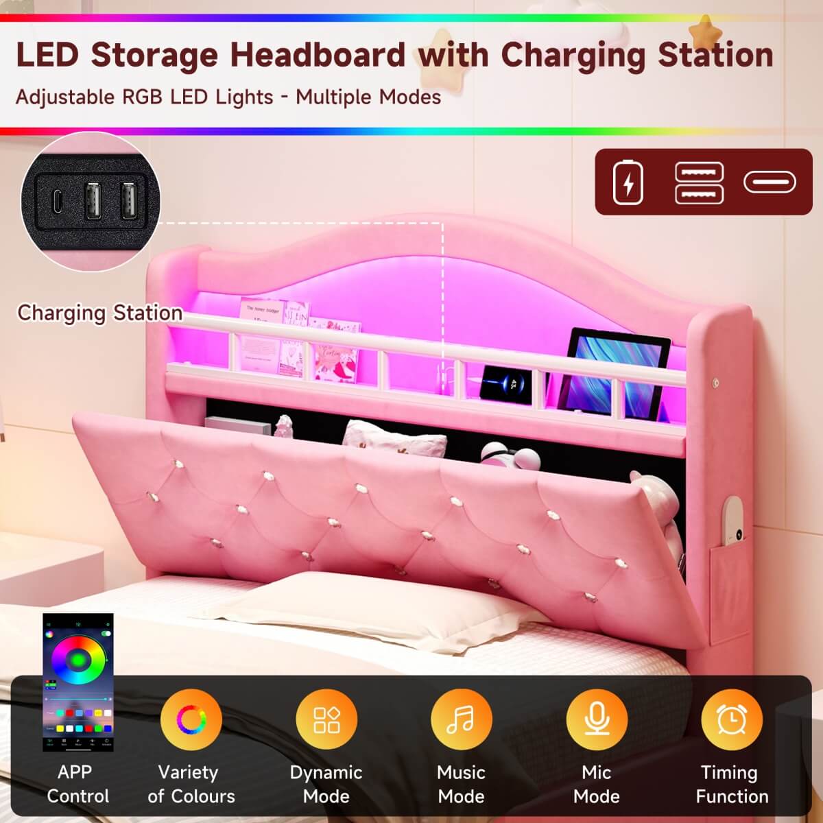 3ft Single Velvet LED Bed with Storage & Charging Station - Upholstered Pink Bed Frame