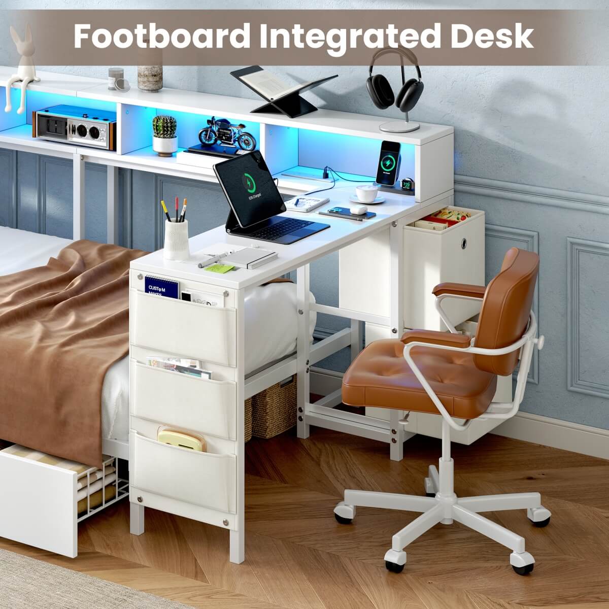 3ft Single Metal Bed Frame with Storage Drawers - LED Bed with Bedside Shelves, Charging Station, Built-In Desk and Fabric Storage Bin, White