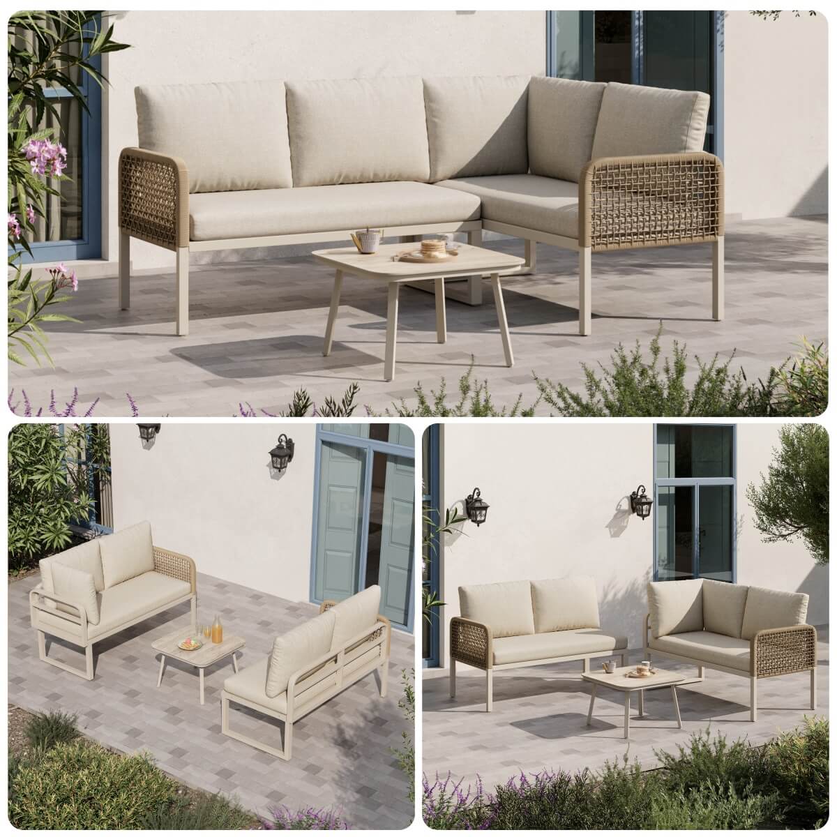 4 Seater Garden Sofa Set - Outdoor Patio Furniture with Wood Effect Glass Table