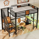 3ft Single Metal Loft Bed with LED Lights - High Sleeper Bed Frame with Built-In Desk, Charging Station, Pull-Out Fabric Storage Bins and Large Under-Bed Space, Black and Dark Walnut