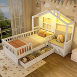 3ft Single Wooden House Bed - Upholstered Linen Headboard, Large Storage Drawer, RGB LED Lights and Safety Guard Rail, White