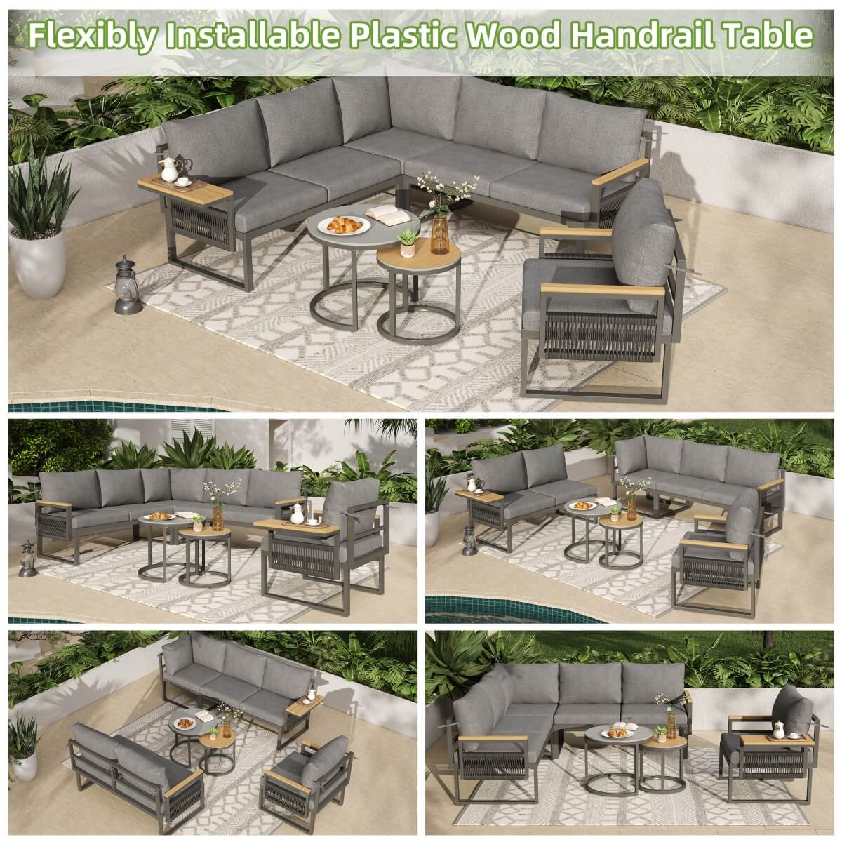 5-6 Seater Rope Woven Garden Furniture Set - Corner Sofa with Armchair and Nesting Coffee Tables, Grey