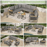 5-6 Seater Rope Woven Garden Furniture Set - Corner Sofa with Armchair and Nesting Coffee Tables, Grey