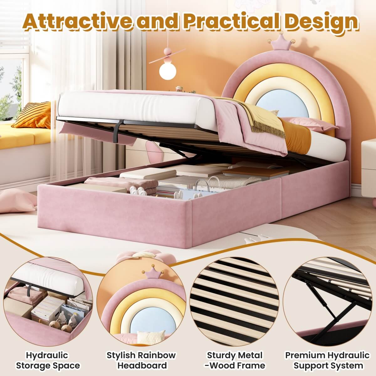 3ft Single Upholstered Storage Bed - Velvet Hydraulic Bed Frame with Rainbow Crown Headboard, Pink