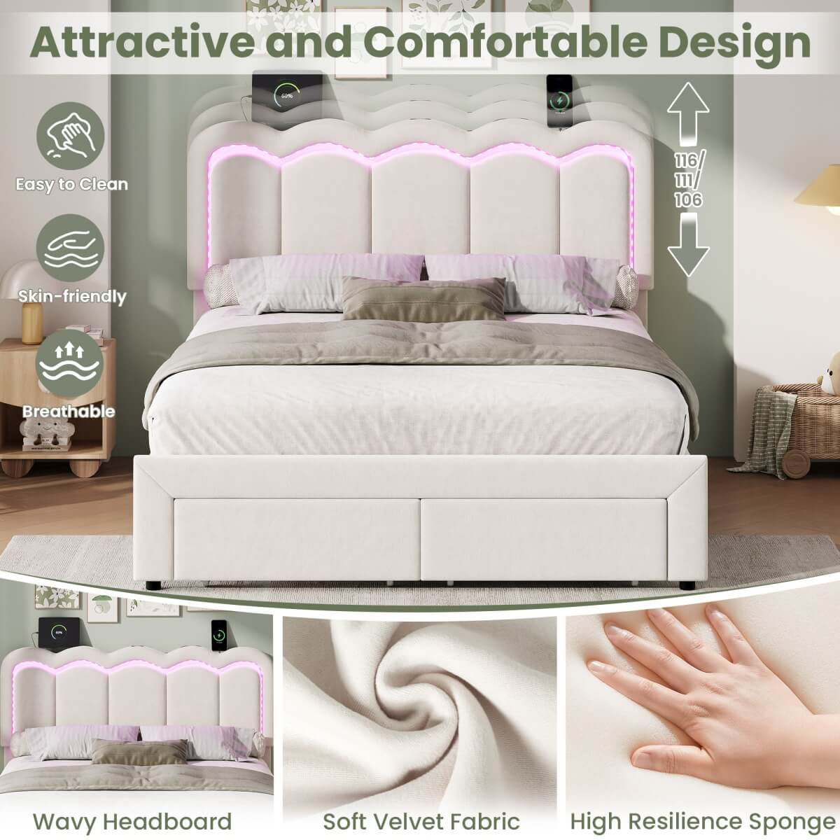 4ft6 Double Velvet Bed Frame with LED Wavy Headboard - Upholstered Bed with Storage Drawers, Charging Station, Beige