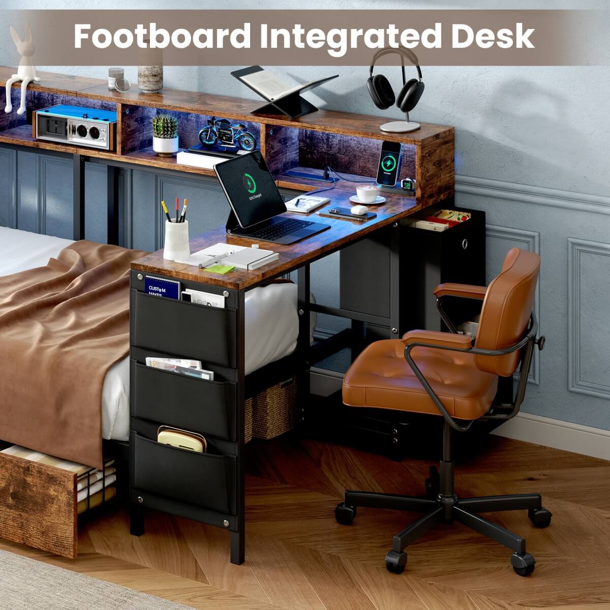 3ft Single Metal Bed Frame with Storage Drawers - LED Bed with Bedside Shelves, Charging Station, Built-In Desk and Fabric Storage Bin, Black and Dark Walnut