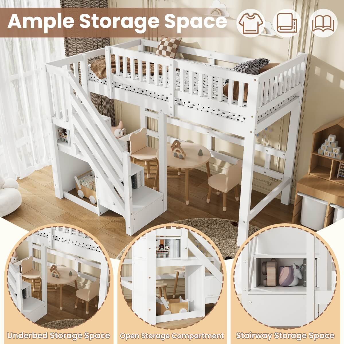 3ft Single Wooden Loft Bed - Storage Staircase with Open Compartments, Under-Bed Space and Full-Length Safety Guard Rails, White