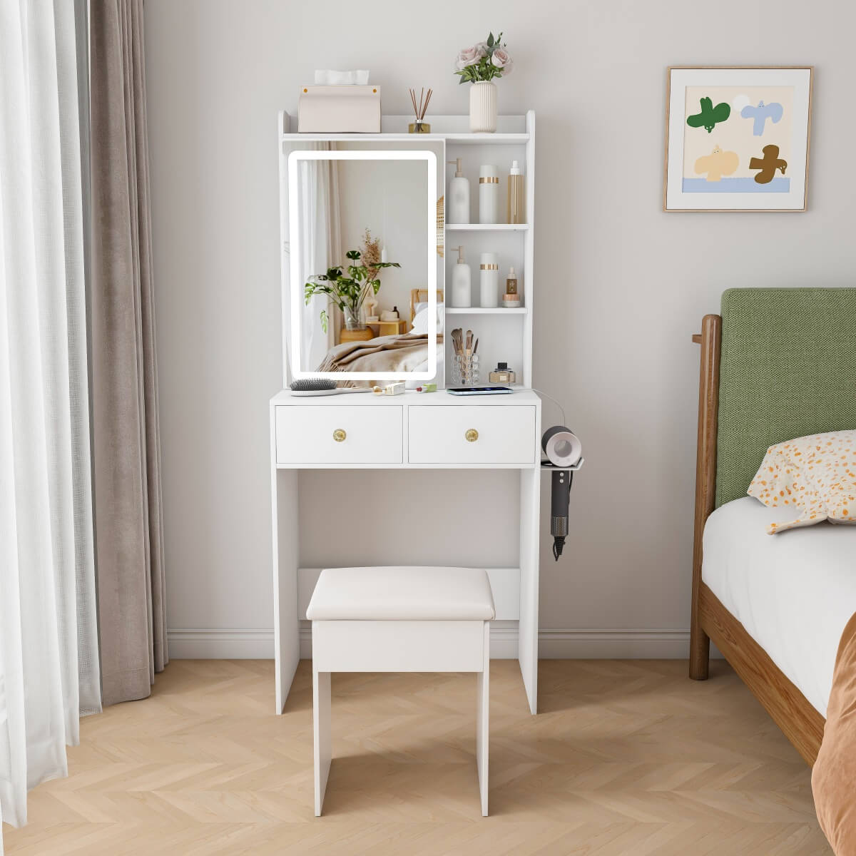 Small Makeup Vanity Desk with Mirror - Adjustable LED Lights, Power Socket, Hair Dryer Holder, Storage Rack & Padded Stool, White
