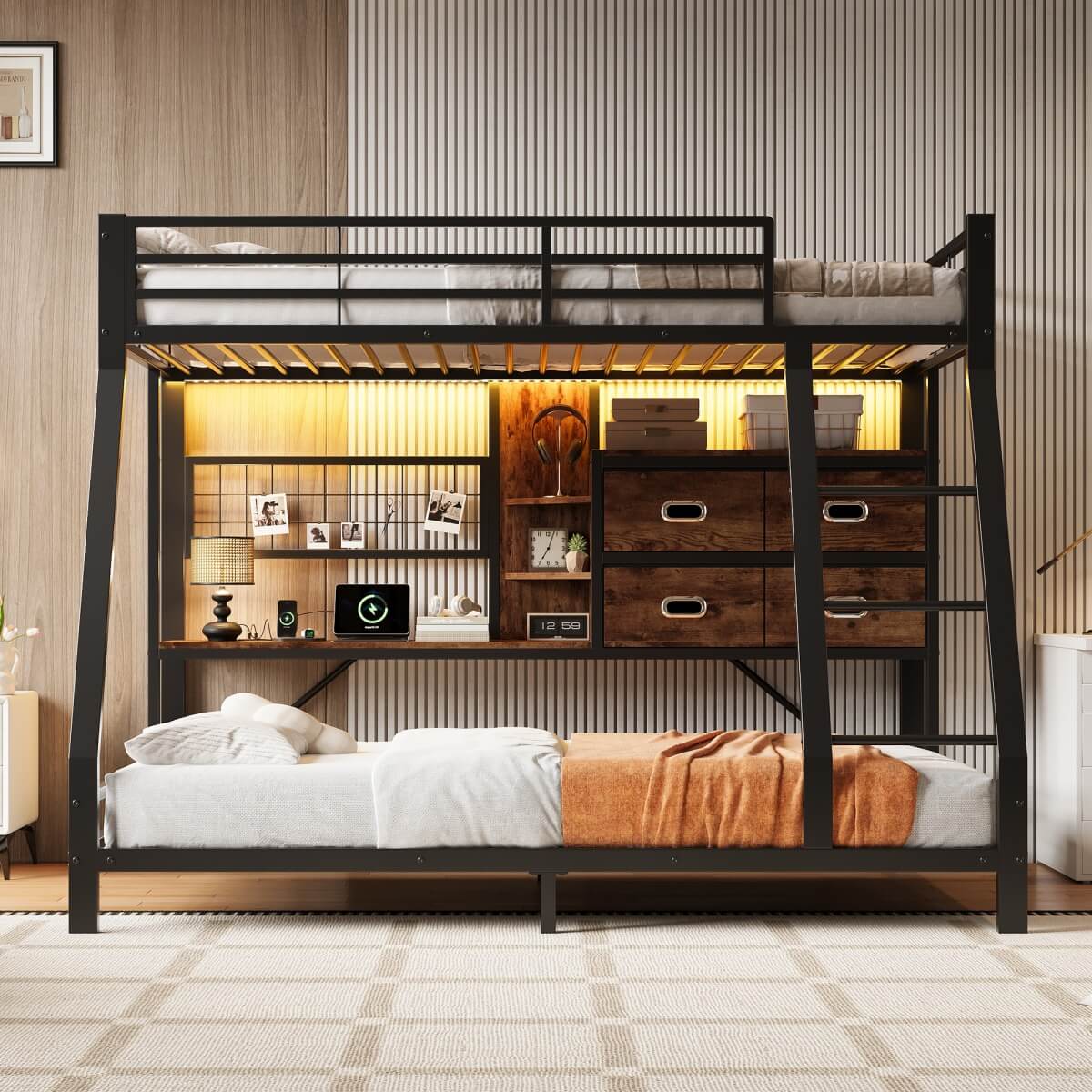 3ft Single over Single Metal Bunk Bed with Desk - RGB LED Lights, Charging Station, Grid Wall Panel, Fabric Storage Bins and Ladder, Black and Dark Walnut