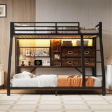 3ft Single over Single Metal Bunk Bed with Desk - RGB LED Lights, Charging Station, Grid Wall Panel, Fabric Storage Bins and Ladder, Black and Dark Walnut
