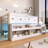 3ft Single Wooden Mid Sleeper Bed with LED Lights - Kids Bed Frame with Storage Stairs, Shelf, Under-Bed Space, Safety Guard Rails and Moon and Star Design, Natural Wood and White