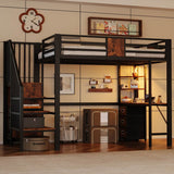 3ft Single Metal Loft Bed with LED Lights - High Sleeper Bed Frame with Built-In Desk, Charging Station, Pull-Out Fabric Storage Bins and Large Under-Bed Space, Black and Dark Walnut