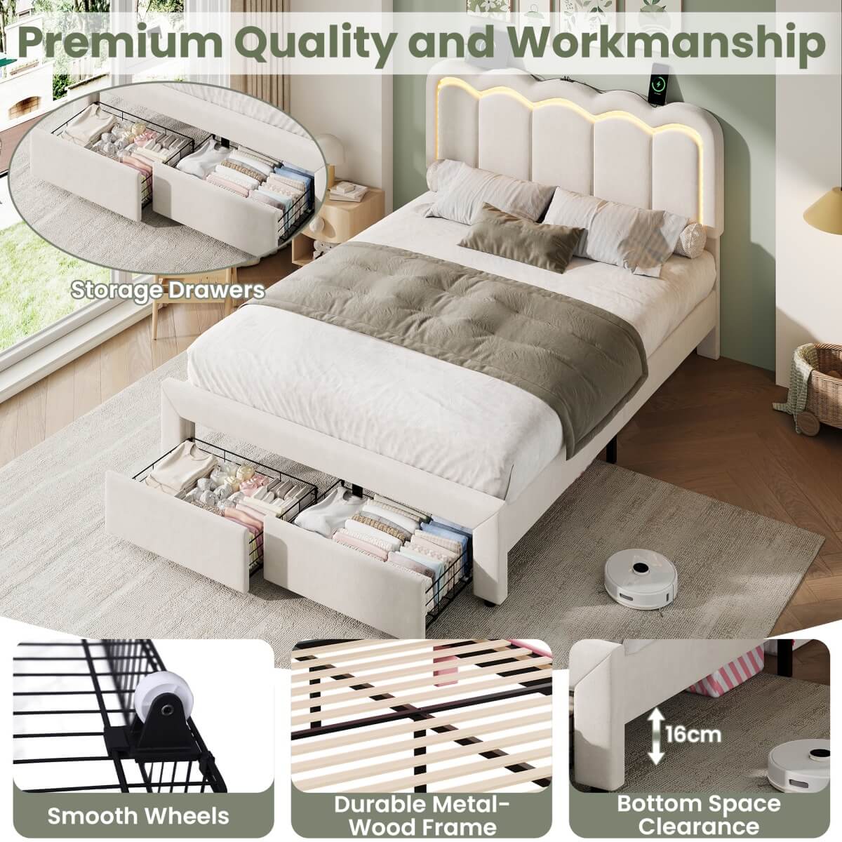 4ft6 Double Velvet Bed Frame with LED Wavy Headboard - Upholstered Bed with Storage Drawers, Charging Station, Beige