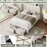 4ft6 Double Velvet Bed Frame with LED Wavy Headboard - Upholstered Bed with Storage Drawers, Charging Station, Beige