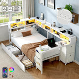 3ft Single Metal Bed Frame with Storage Drawers - LED Bed with Bedside Shelves, Charging Station, Built-In Desk and Fabric Storage Bin, White