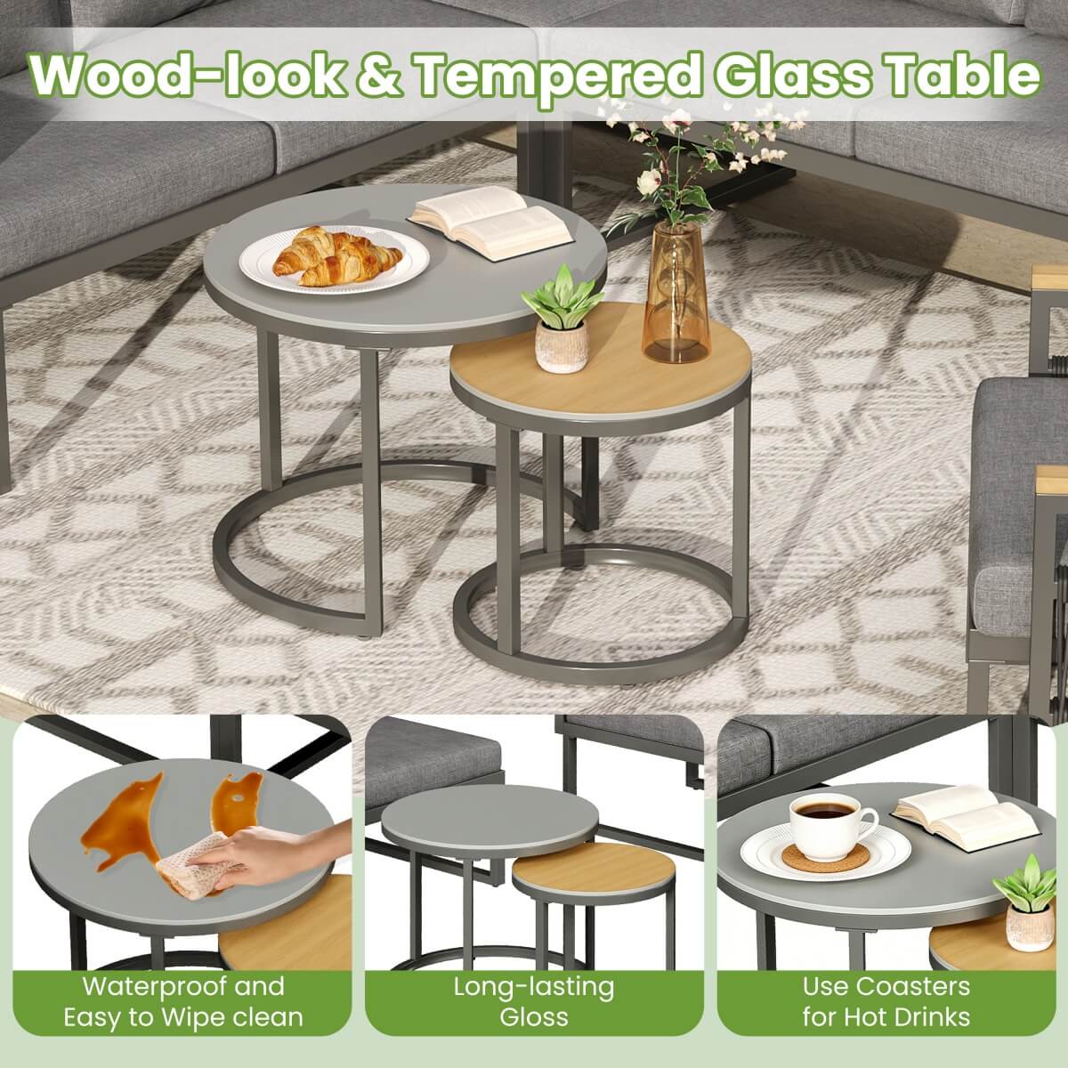5-6 Seater Rope Woven Garden Furniture Set - Corner Sofa with Armchair and Nesting Coffee Tables, Grey