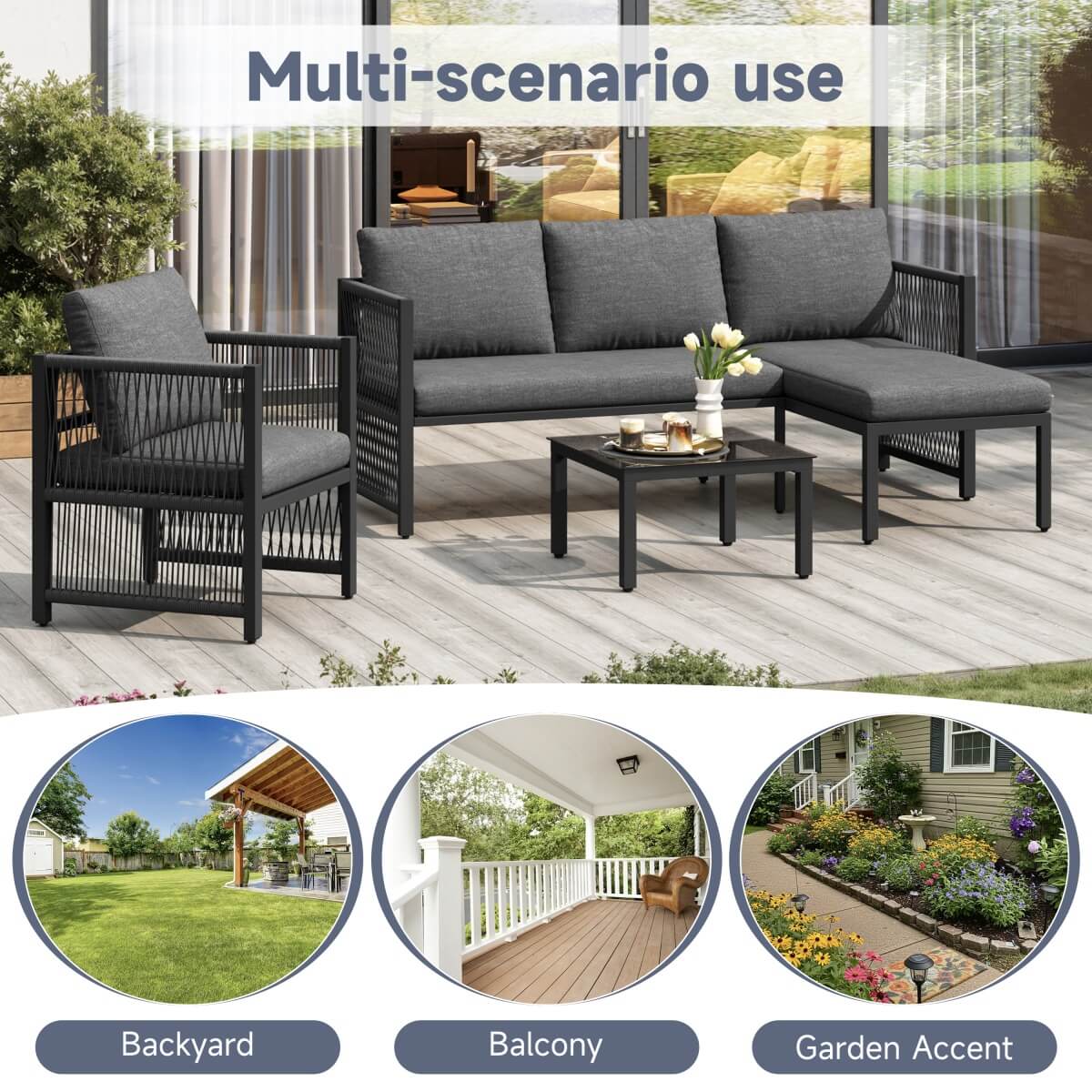 4-5 Seater Garden Sofa Set - Outdoor Patio Corner Furniture with Tempered Glass Coffee Table