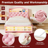 3ft Single Velvet LED Bed with Storage & Charging Station - Upholstered Pink Bed Frame