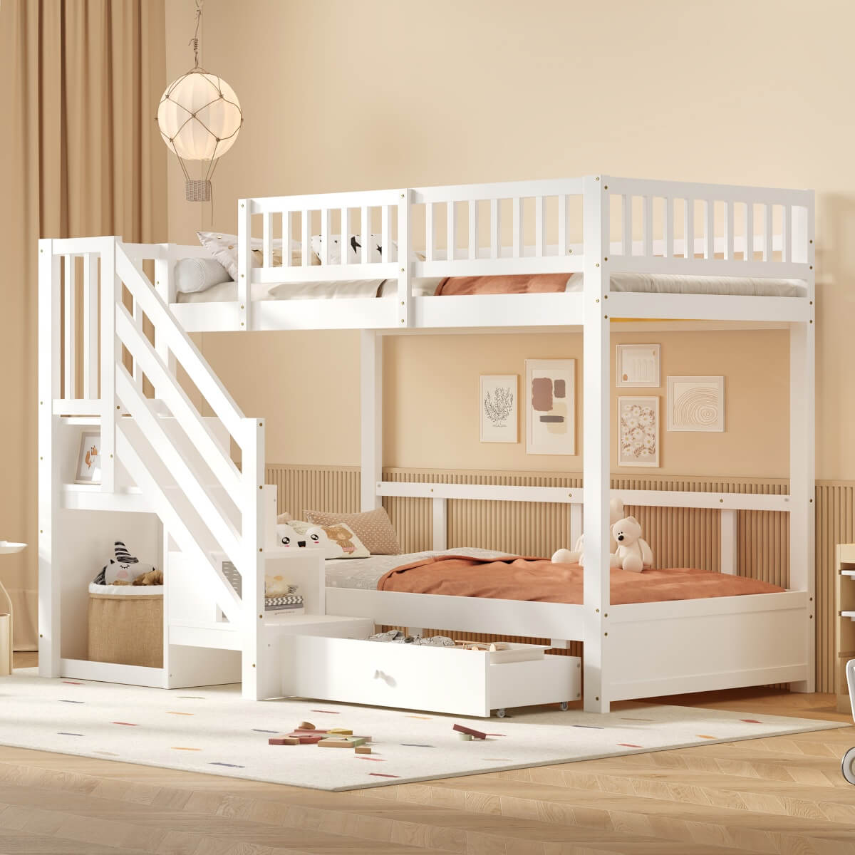 3ft Single over Single Wooden Bunk Bed - Storage Staircase with Open Compartments, Drawer Storage and Full-Length Safety Guard Rails, White