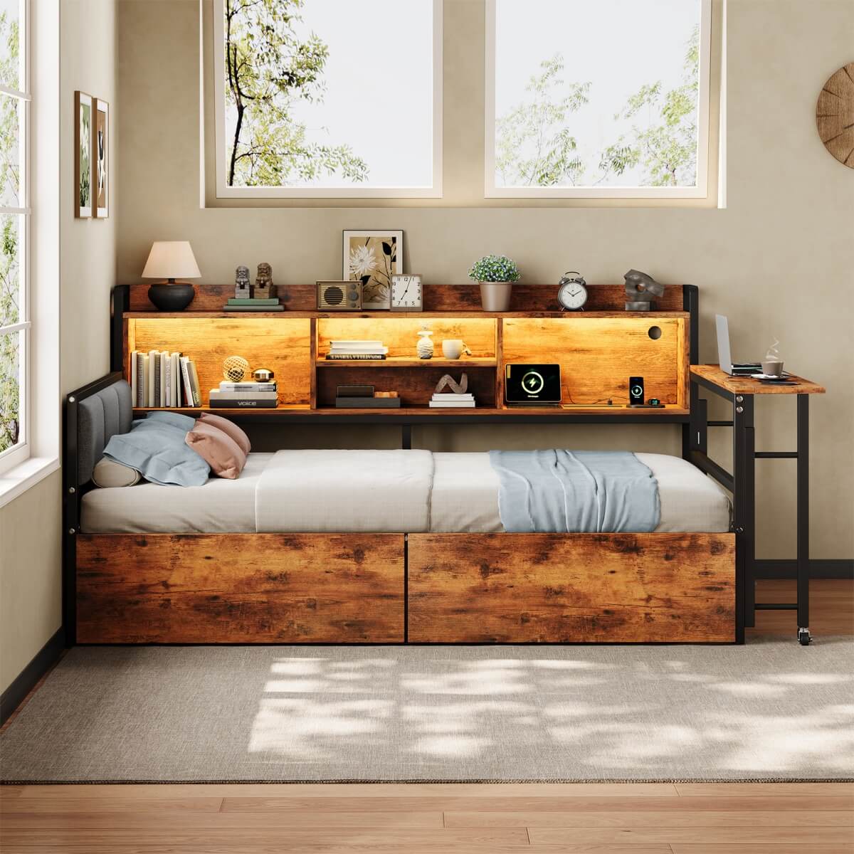 3ft Single Metal Bed Frame with Storage Drawers and Bookcase - L-Shaped Storage Bed with LED Lights, Charging Station, Linen Headboard and Folding Tabletop, Black and Dark Walnut