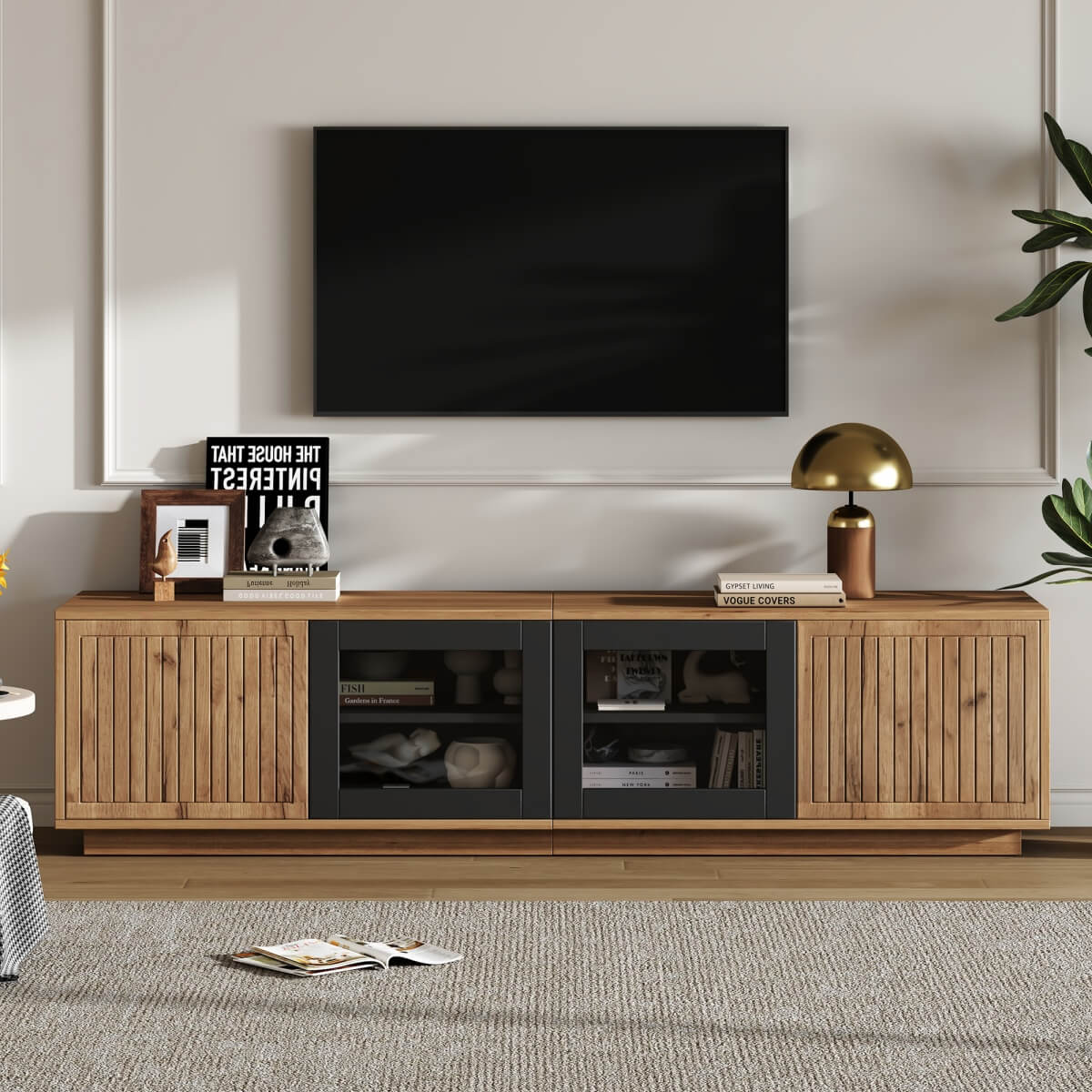 180cm TV Unit for TVs up to 75 Inch - Natural Wood Effect and Black TV Stand with Glass Doors, LED Light Strip and Large Storage Cabinets