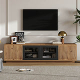 180cm TV Unit for TVs up to 75 Inch - Natural Wood Effect and Black TV Stand with Glass Doors, LED Light Strip and Large Storage Cabinets