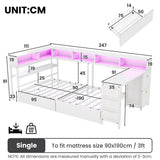 3ft Single Metal Bed Frame with Storage Drawers - LED Bed with Bedside Shelves, Charging Station, Built-In Desk and Fabric Storage Bin, White