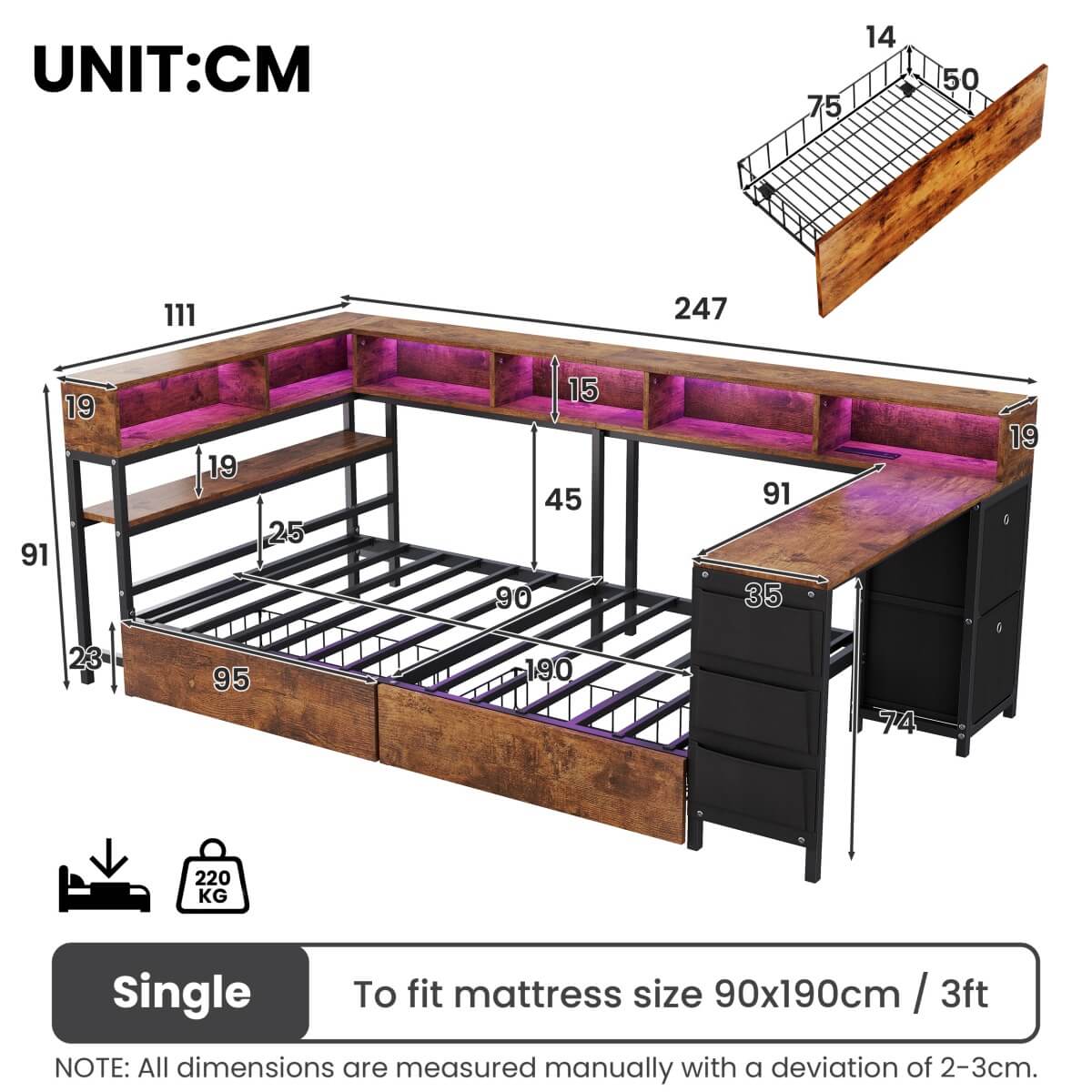 3ft Single Metal Bed Frame with Storage Drawers - LED Bed with Bedside Shelves, Charging Station, Built-In Desk and Fabric Storage Bin, Black and Dark Walnut