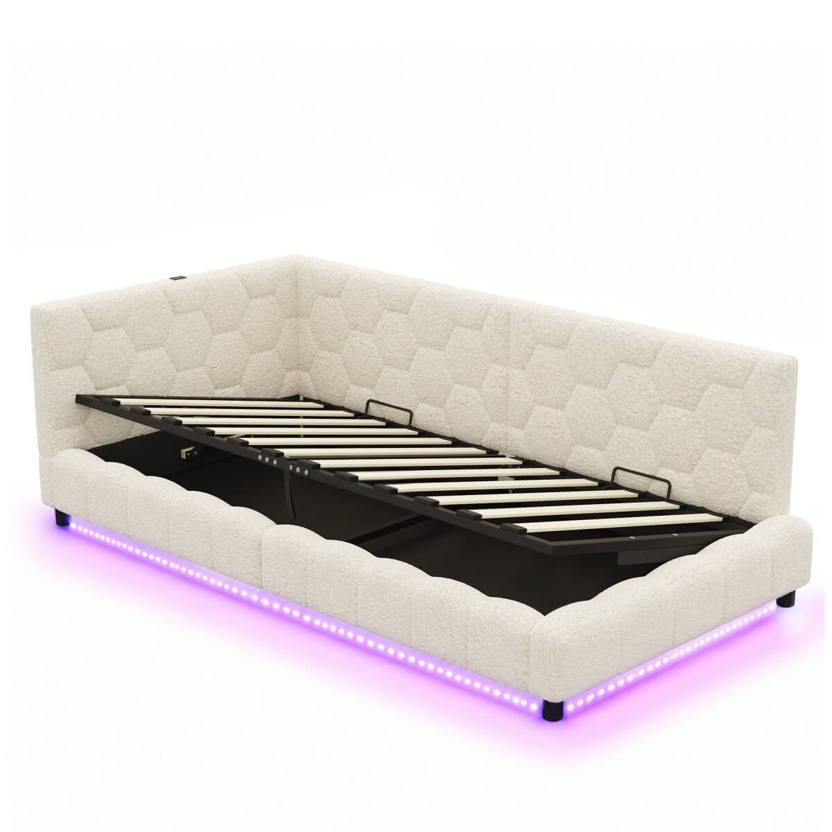 3ft Single Boucle Hydraulic Storage Bed - Side Opening Bed with RGB LED Lights and Charging Station, Beige