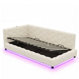 3ft Single Boucle Hydraulic Storage Bed - Side Opening Bed with RGB LED Lights and Charging Station, Beige