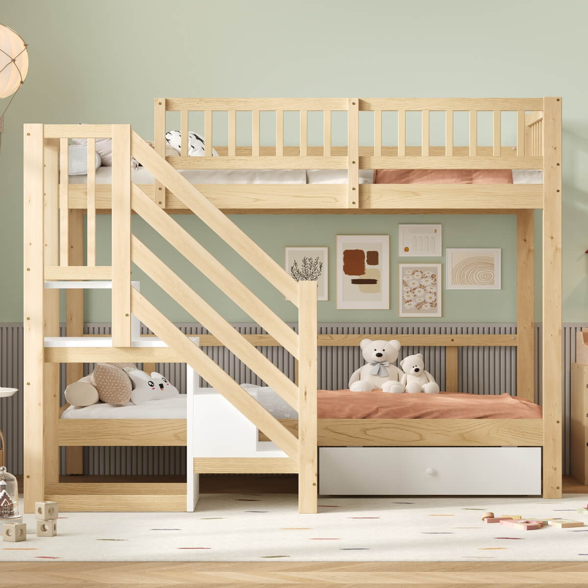 3ft Single over Single Wooden Bunk Bed - Storage Staircase with Open Compartments, Drawer Storage and Full-Length Safety Guard Rails, Natural Wood and White