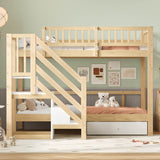3ft Single over Single Wooden Bunk Bed - Storage Staircase with Open Compartments, Drawer Storage and Full-Length Safety Guard Rails, Natural Wood and White