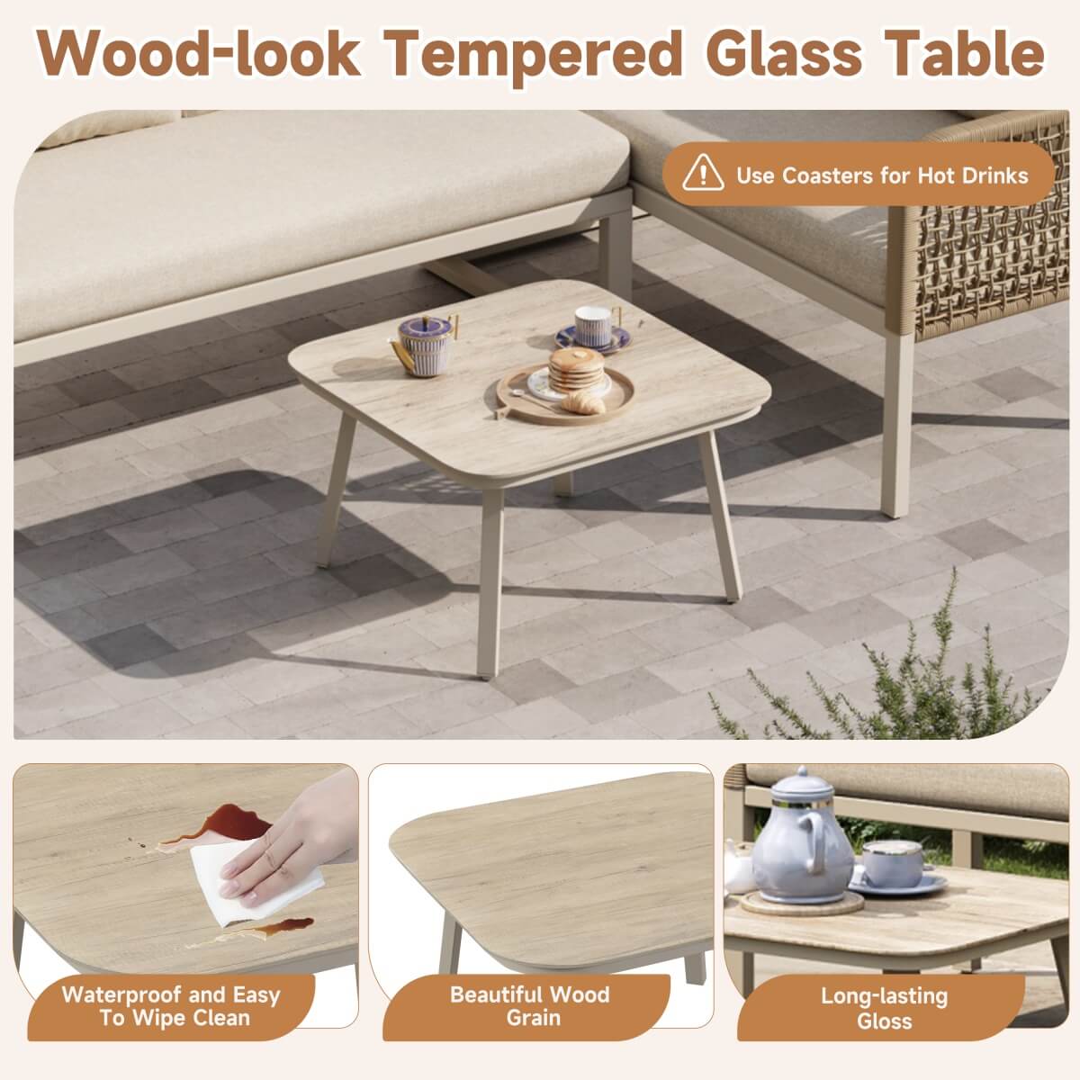 4 Seater Garden Sofa Set - Outdoor Patio Furniture with Wood Effect Glass Table