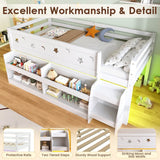 3ft Single Wooden Mid Sleeper Bed with LED Lights - Kids Bed Frame with Storage Stairs, Shelf, Under-Bed Space, Safety Guard Rails and Moon and Star Design, White