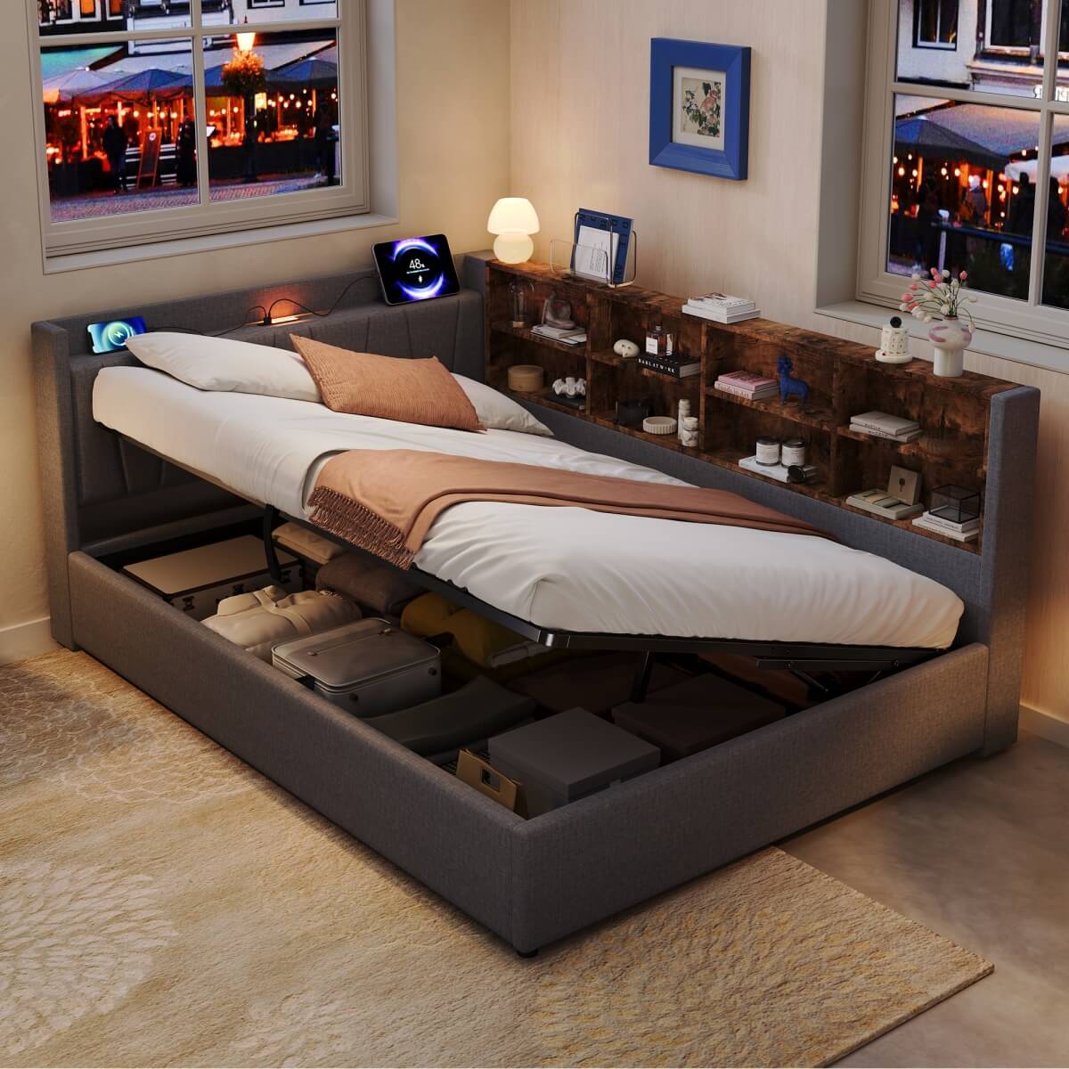 4ft6 Double Ottoman Bed Frame with Hydraulic Storage - Upholstered Linen Bed with LED Headboard, Charging Station, Bedside Shelves and Storage Compartments, Grey