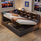 4ft6 Double Ottoman Bed Frame with Hydraulic Storage - Upholstered Linen Bed with LED Headboard, Charging Station, Bedside Shelves and Storage Compartments, Grey