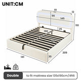 4ft6 Double Boucle Ottoman Bed Frame with Hydraulic Storage - RGB LED Lights, USB-C Charging Ports, Beige