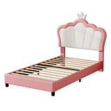 3ft Single Upholstered Bed Frame with Adjustable Crown Headboard - PU Platform Bed with Sturdy Support, No Box Spring Required, Pink and White